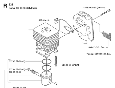 Cylinder, Piston And Muffler Diagram and Parts List for 20070100001-20091800000 Husqvarna Edger