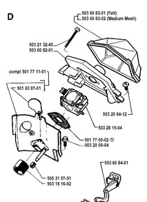 Carburetor And Air Filter Diagram and Parts List for 19900100001-19914000000 Husqvarna Chainsaw