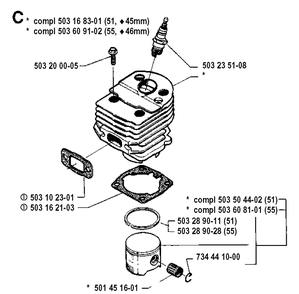 Cylinder Piston Diagram and Parts List for 19900100001-19914000000 Husqvarna Chainsaw