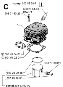 Cylinder Piston Diagram and Parts List for 19993100001-20014000000 Husqvarna Chainsaw