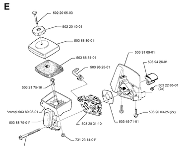 Carburetor And Air Filter Diagram and Parts List for 19994000001-20010100000 Husqvarna Edger