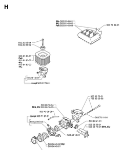 Carburetor And Air Filter Diagram and Parts List for (XPG)(20070100001-Current) Husqvarna Chainsaw