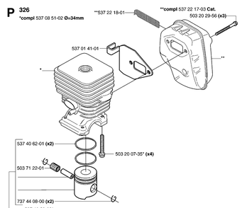 Cylinder, Piston And Muffler 2 Diagram and Parts List for 20070100001-20091800000 Husqvarna Edger