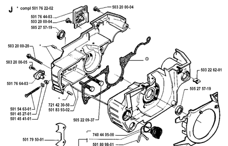 Crankcase Diagram and Parts List for 19900100001-19914000000 Husqvarna Chainsaw