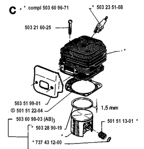 Cylinder Piston Diagram and Parts List for 19930100001-19970100000 Husqvarna Chainsaw