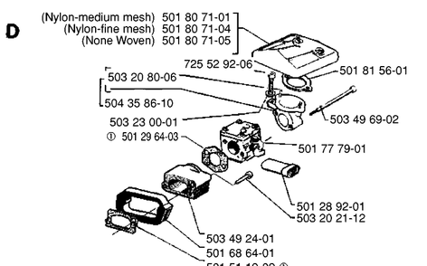 Carburetor And Air Filter Diagram and Parts List for  Husqvarna Chainsaw