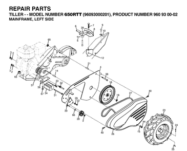 Mainframe, Left Side Diagram and Parts List for (96093000201)(2006-12) Husqvarna Cultivator
