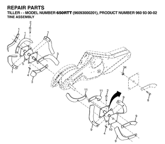 Tine Assembly Diagram and Parts List for (96093000201)(2006-12) Husqvarna Cultivator