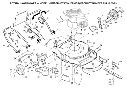 Frame And Engine Diagram and Parts List for JET55 (954170093-S)(2003-05) Husqvarna Lawn Mower