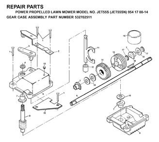 Gear Case Diagram and Parts List for JET55-JET55SN 2000-02 Husqvarna Lawn Mower