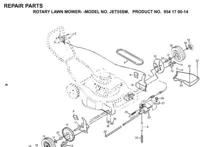 Drive Diagram and Parts List for JET55-JET55SM 1999-02 Husqvarna Lawn Mower