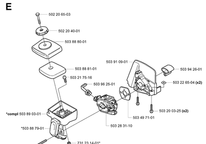 Carburetor And Air Filter Diagram and Parts List for 20010100001-Current Husqvarna Edger