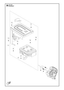 Exhaust Diagram and Parts List for 598609801, 598609802, 598609803 Husqvarna Engine