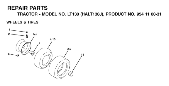Wheels And Tires Diagram and Parts List for LT130 (954110031-J)(2003-01) Husqvarna Lawn Tractor