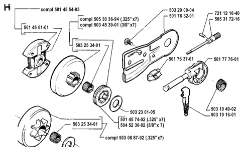 Clutch And Oil Pump Diagram and Parts List for 19900100001-19914000000 Husqvarna Chainsaw