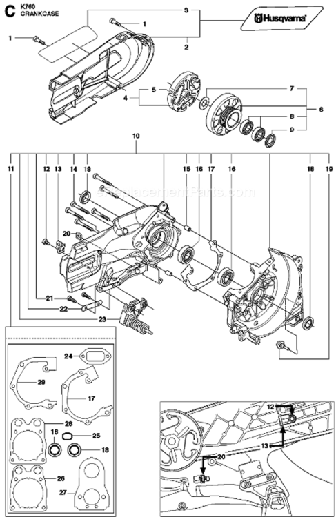Crankcase Diagram and Parts List for 2013-02 Husqvarna Concrete Saw