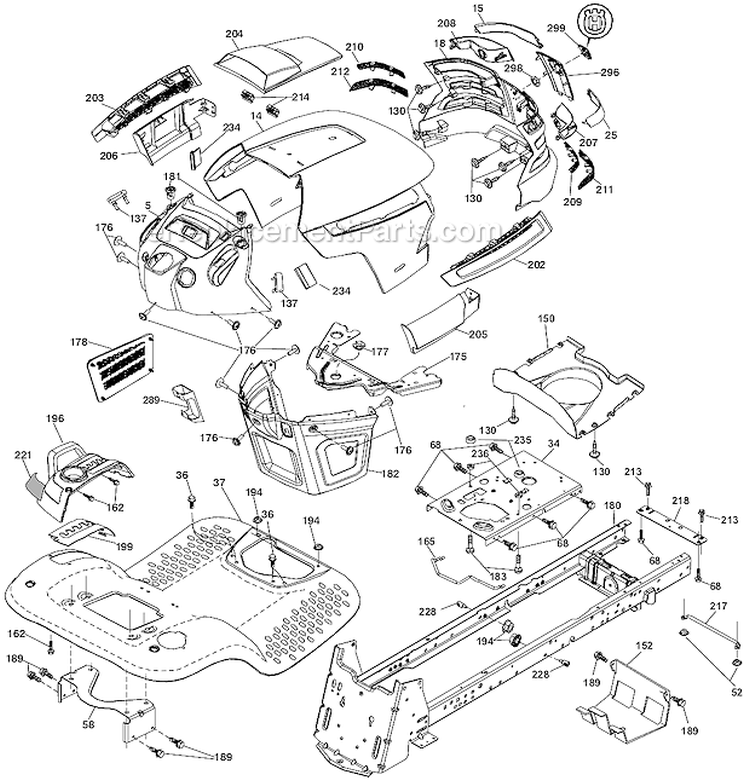 Chassis Diagram and Parts List for 96043007400 Husqvarna Lawn Tractor