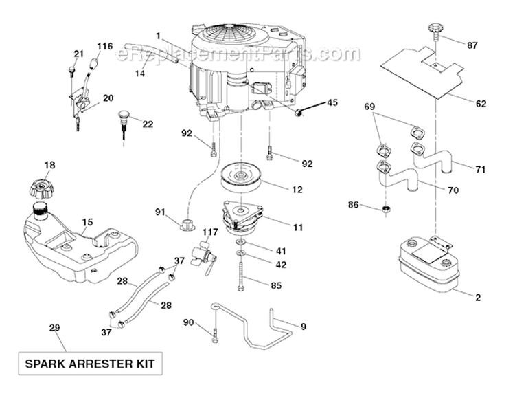 Engine Diagram and Parts List for 2011-07 - 96043011602 Husqvarna Lawn Tractor