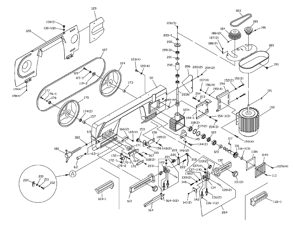 Fig-1 Diagram and Parts List for  Jet Table Saw