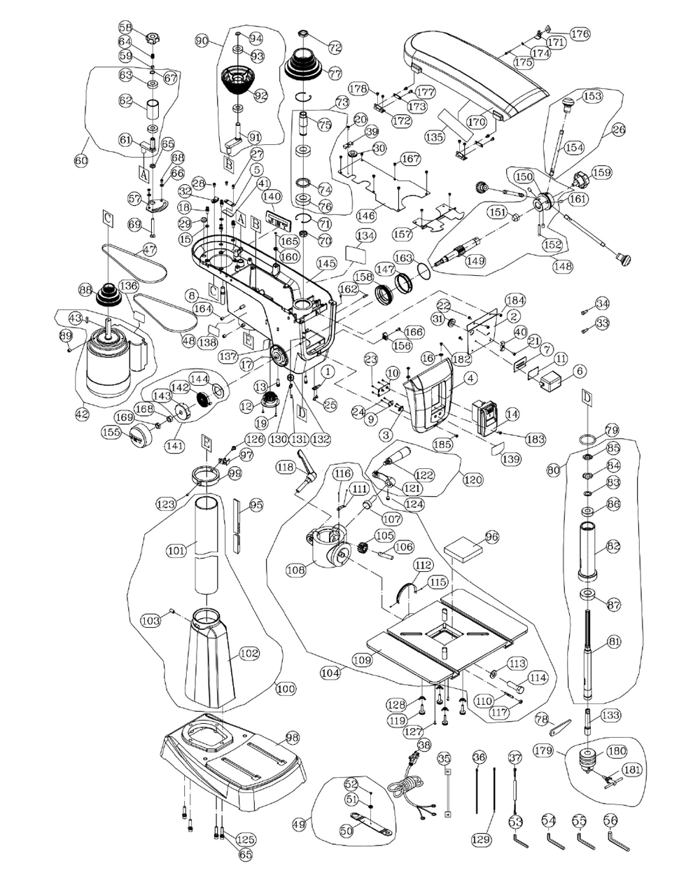 Fig-0 Diagram and Parts List for 716300 Jet Drill Press