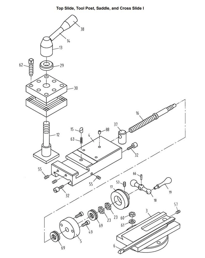 Top Slide, Tool Post, Saddle And Cross Slide I Diagram and Parts List for GH-1340W Jet Lathe
