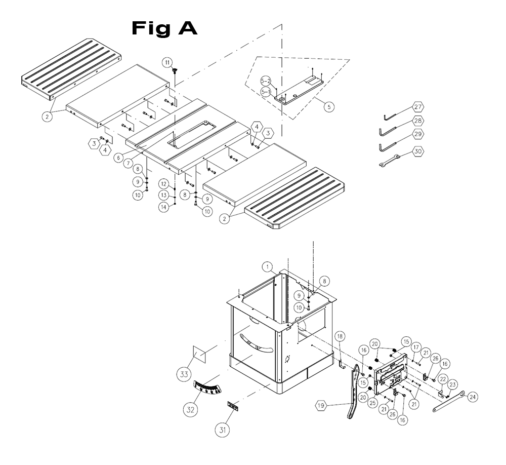 Fig-1 Diagram and Parts List for  Jet Table Saw
