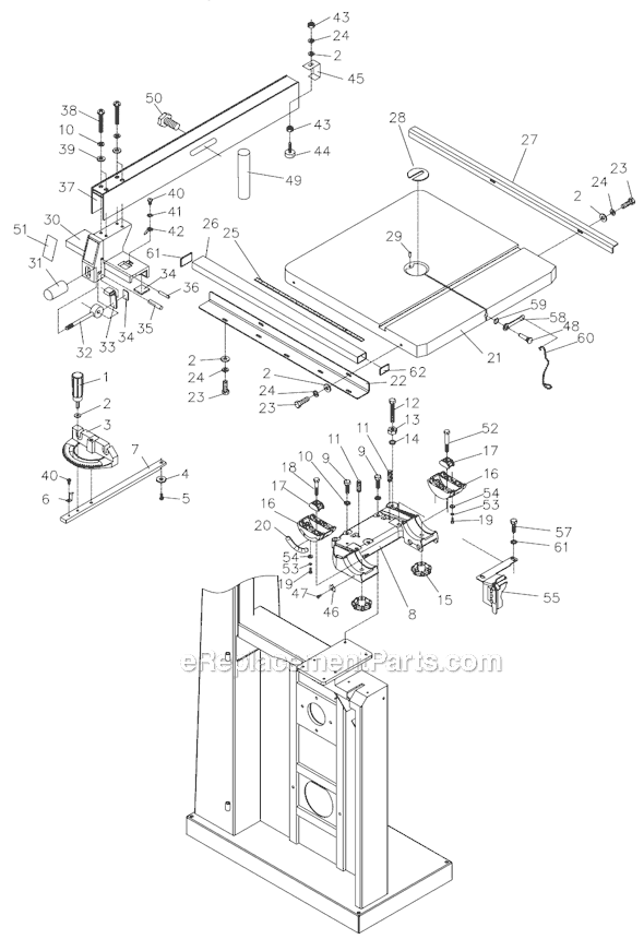 Table and Fence Assembly Diagram and Parts List for 710750 Jet Band Saw