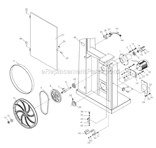 Lower Wheel and Motor Assembly Diagram and Parts List for 710750 Jet Band Saw