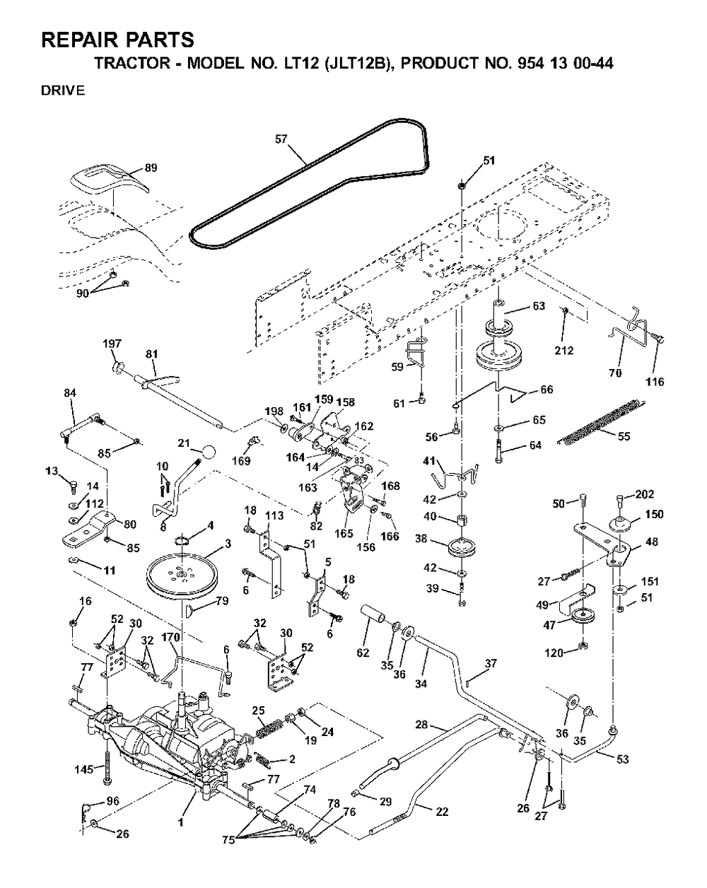 Drive Diagram and Parts List for (954130044)(2001-02) Jonsered Lawn Tractor