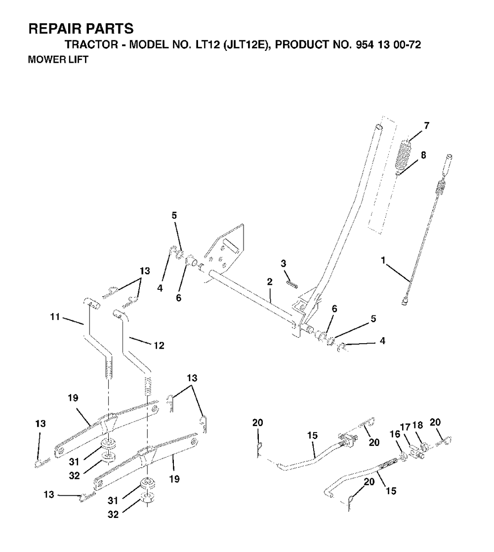 Mower Lift / Deck Lift Diagram and Parts List for (954130072)(2002-06) Jonsered Lawn Tractor