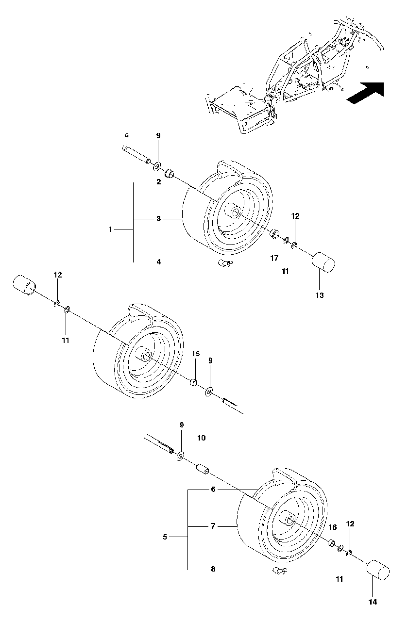 Wheels Tires Diagram and Parts List for (966639885)(2011-02) Jonsered Lawn Tractor