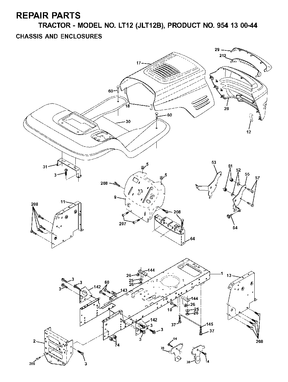 Chassis Enclosures Diagram and Parts List for (954130044)(2001-02) Jonsered Lawn Tractor