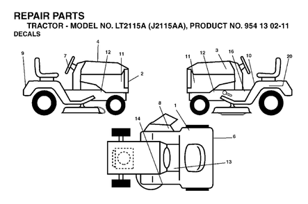 Decals Diagram and Parts List for (954130211)(2004-01) Jonsered Lawn Tractor