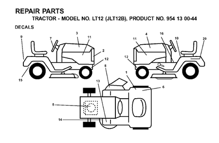 Decals Diagram and Parts List for (954130044)(2001-02) Jonsered Lawn Tractor