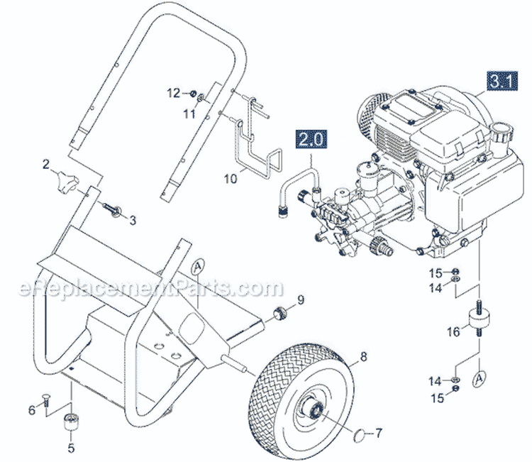 Frame and Engine Mounting Diagram and Parts List for K 2400 HH 1.194-301.0 Karcher Pressure Washer