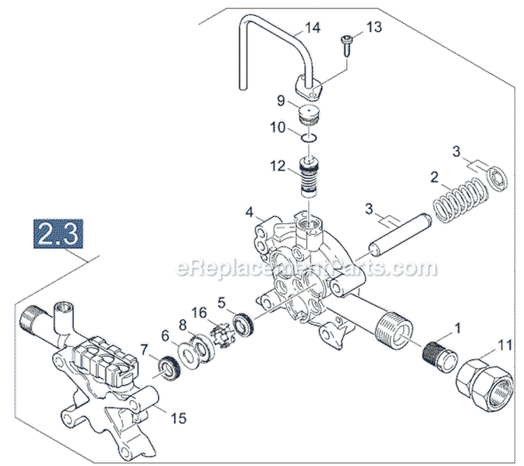 Pistons, Manifolds, Unloader Valve and Oil Seals Diagram and Parts List for K 2400 HH 1.194-301.0 Karcher Pressure Washer