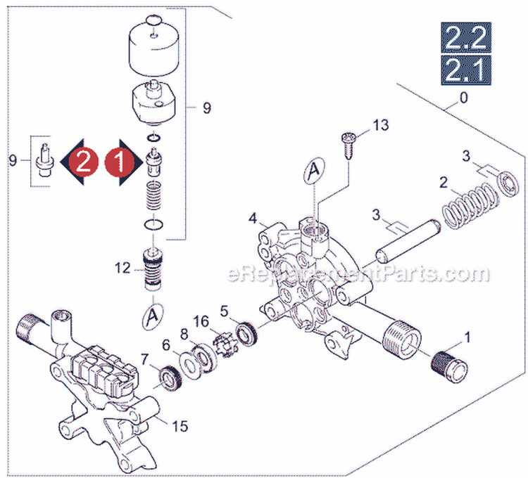 Pistons, Manifolds, Unloader Valve and Oil Seals Diagram and Parts List for K 2400 HH 1.194-301.0 Karcher Pressure Washer