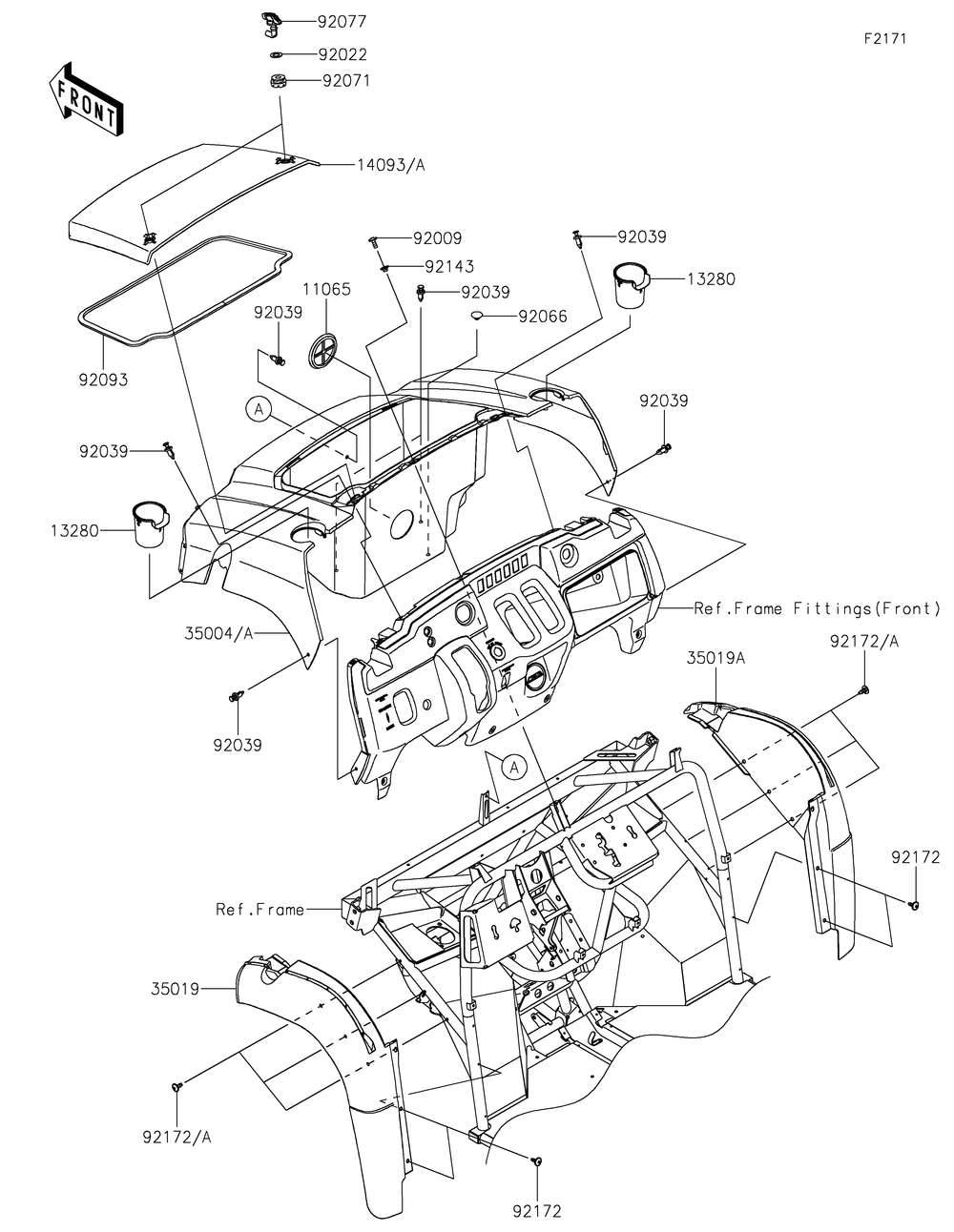 Front Fender Diagram and Parts List for 2019 Kawasaki Lawn Tractor Accessories