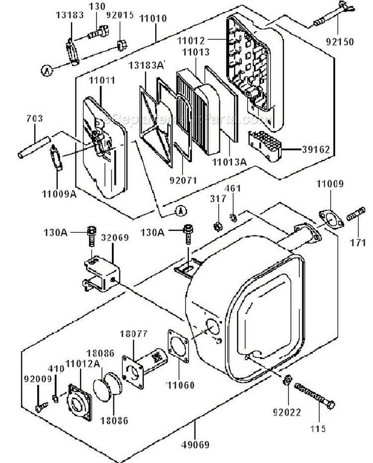 Air FilterMuffler Diagram and Parts List for DS00 Kawasaki Generator