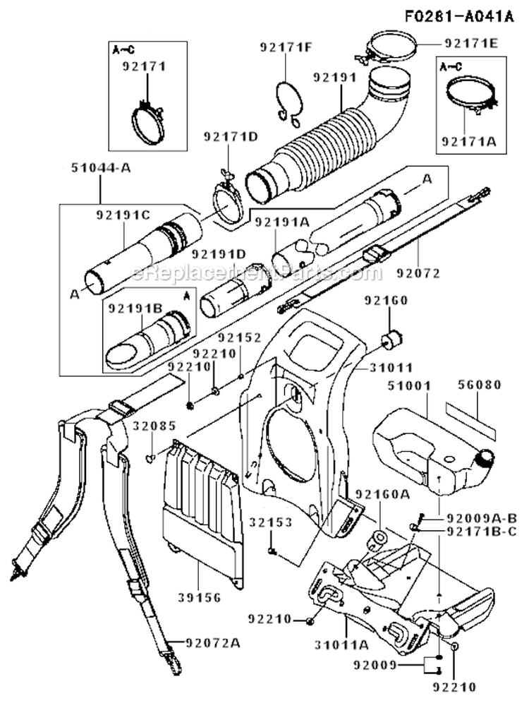 FrameCoupling Diagram and Parts List for  Kawasaki Leaf Blower / Vacuum