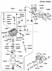 Carburetor Diagram and Parts List for  Kawasaki Engine
