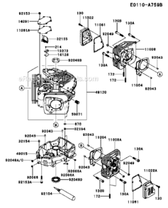 CylinderCrankcase Diagram and Parts List for  Kawasaki Engine