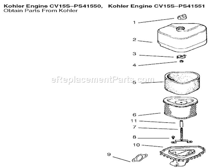 Air Intake / Filtration Diagram and Parts List for 9900001-9999999 - 1999 Kohler Lawn Tractor