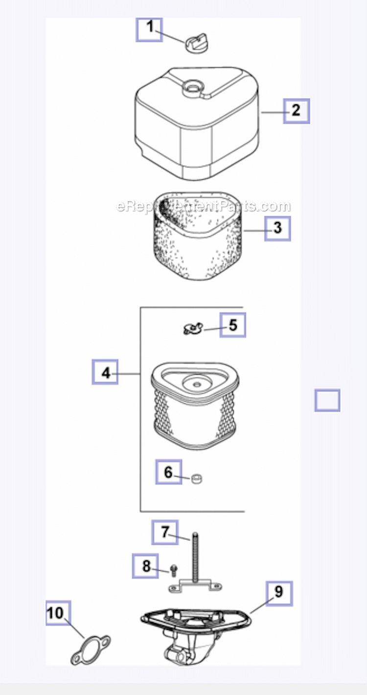 Air IntakeFiltration Diagram and Parts List for  Kohler Engine