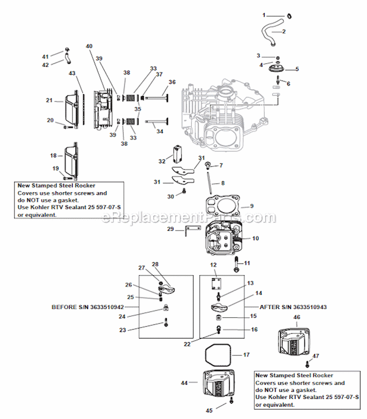 Cylinder HeadBreather Group Diagram and Parts List for  Kohler Engine