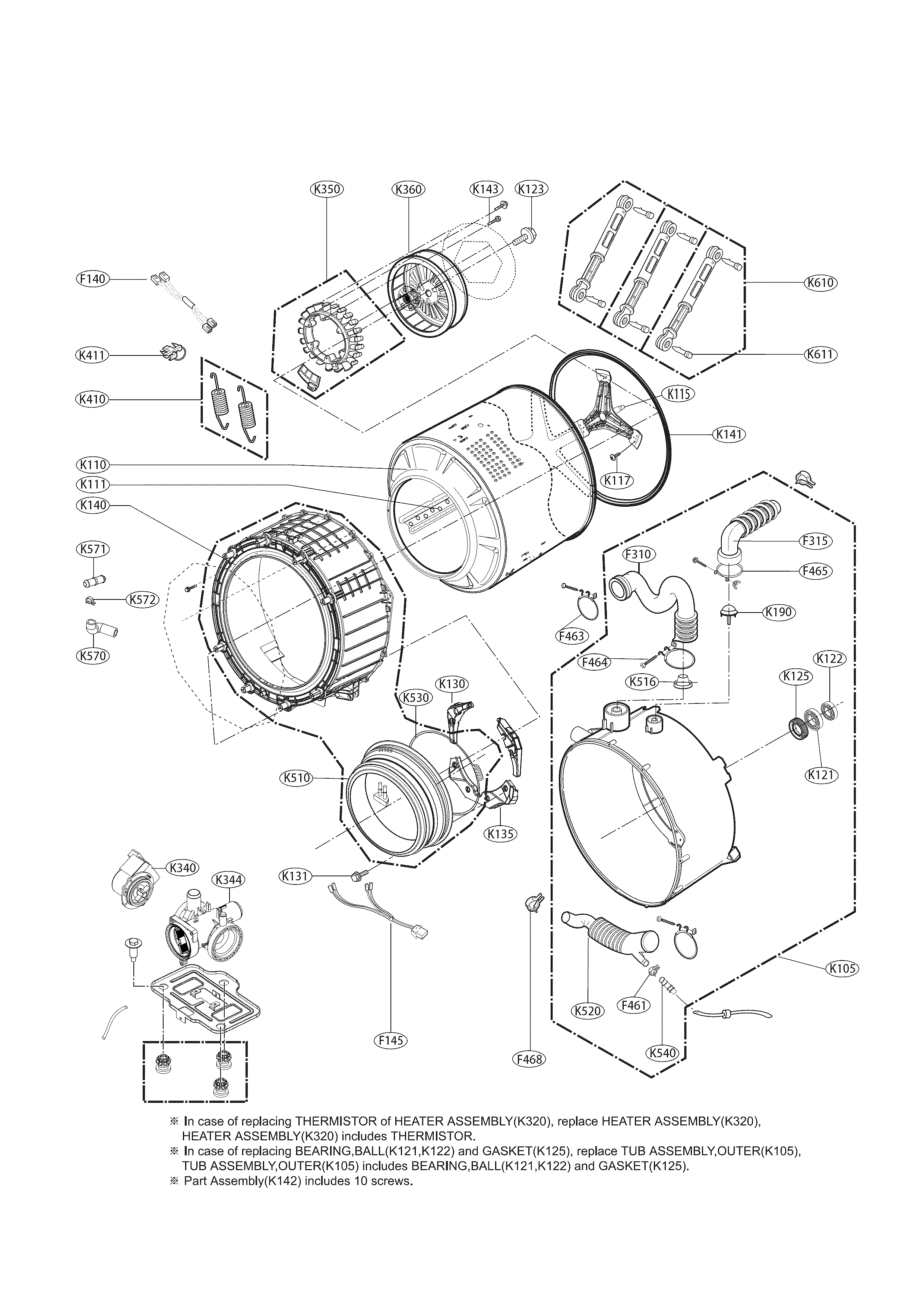 Drum Parts Diagram and Parts List for  Kenmore Washer