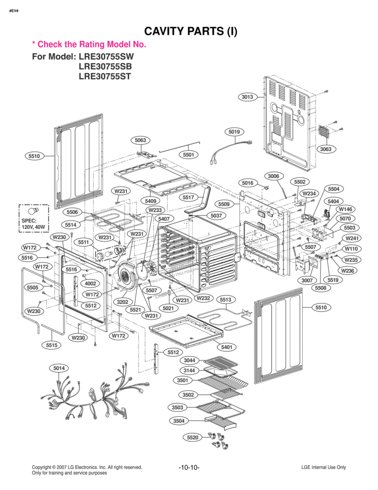 CAVITY PARTS I Diagram and Parts List for  LG Range