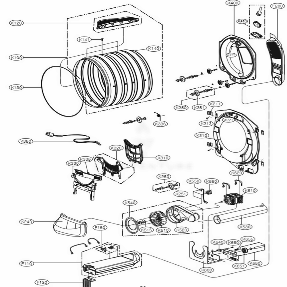 Drum And Motor Assembly Diagram and Parts List for ASSEEUS LG Dryer