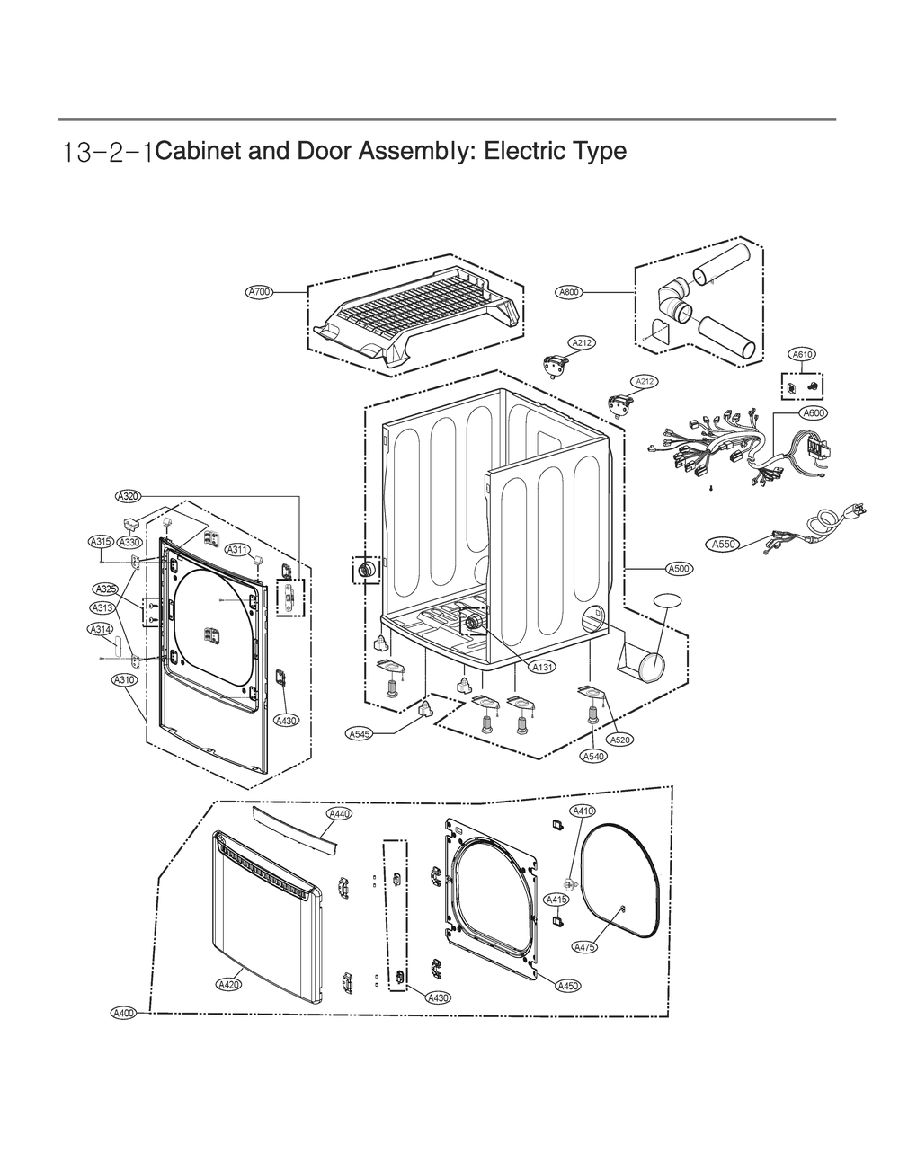 Cabinet And Door Assembly Diagram and Parts List for ABMEECI LG Dryer