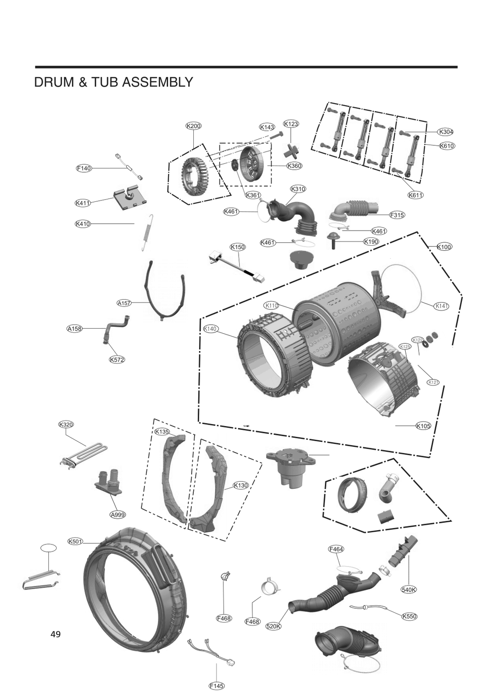 Drum And Tub Assembly Diagram and Parts List for ABLEEUS LG Washer Dryer Combo